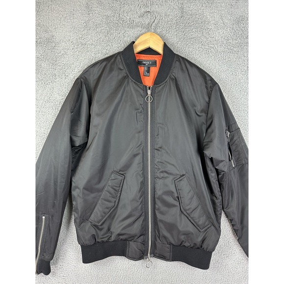 Forever 21 Jacket Mens Medium Black MA-1 Bomber Orange Lining Zip Sleeve Pocket - Picture 1 of 15
